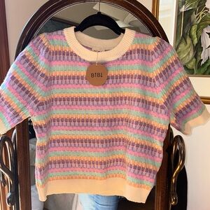 BiBi Pastel Striped Knit Tee in Mint, Lilac, Peach & Cream
